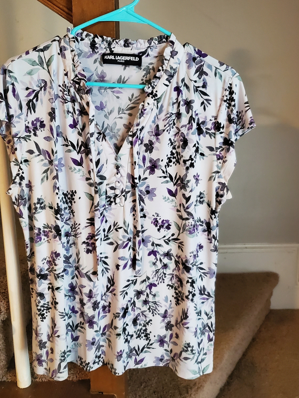 Karl Lagerfeld White Floral Cap-Sleeve V-Neck Blouse with Purple and Green Print